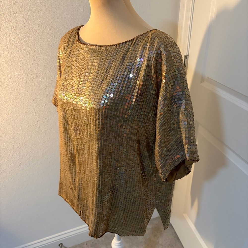 Gold Sequin Top Plus Size 2X Short Sleeve Party Holiday New Year Eve Blouse